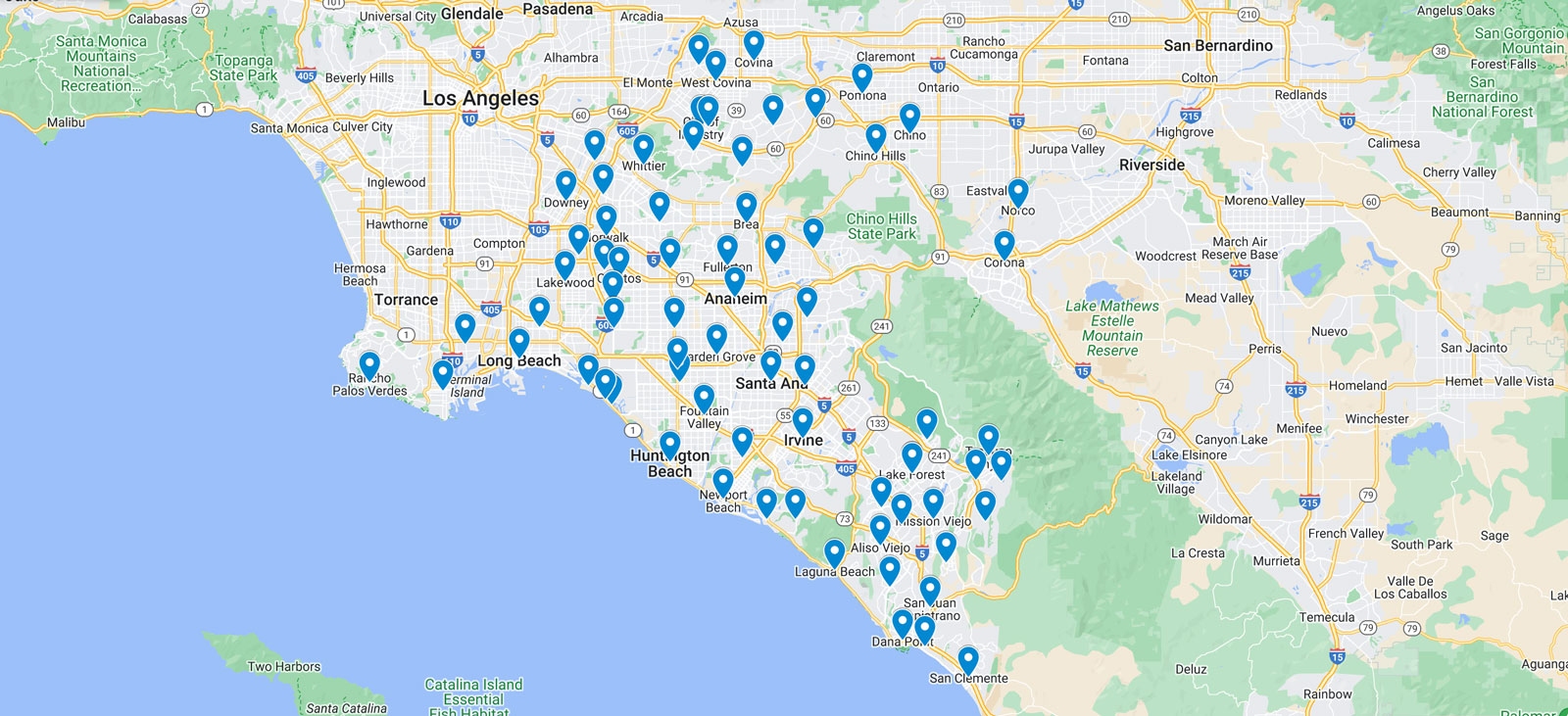Southern California map pinned with areas serviced