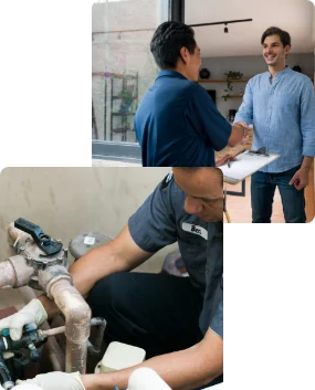 plumber shaking customers hand and testing backflow valve